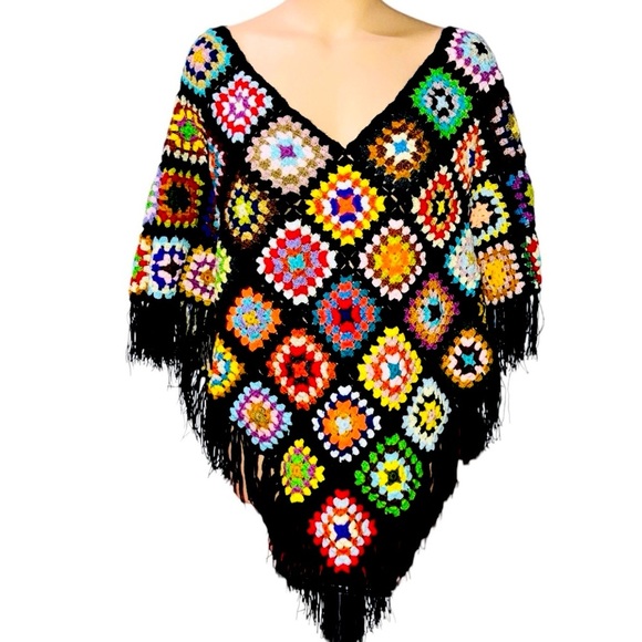 Tops - Handmade Crochet Poncho Shawl Wrap Handmade Vintage Cottagecore Goth C…